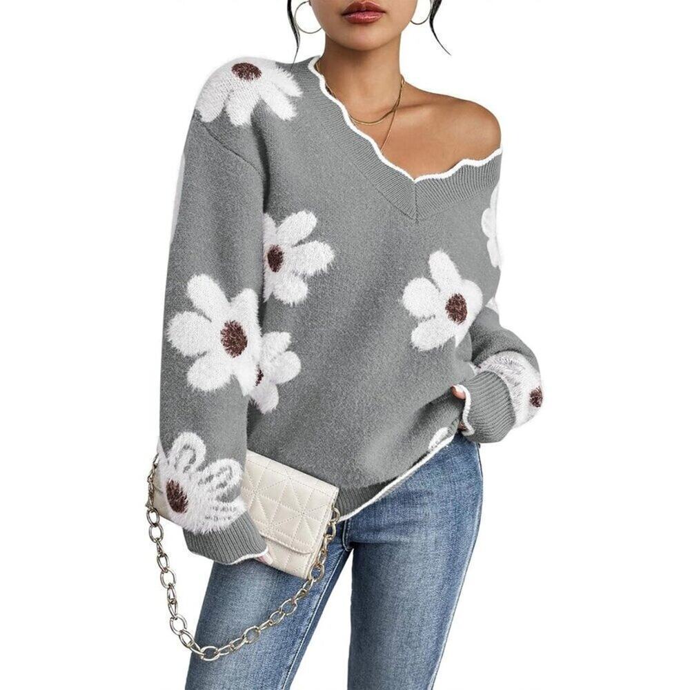 Women's Oversized V Neck Fuzzy Sweaters Grey Loose Long Sleeve Top - Picture 1 of 9